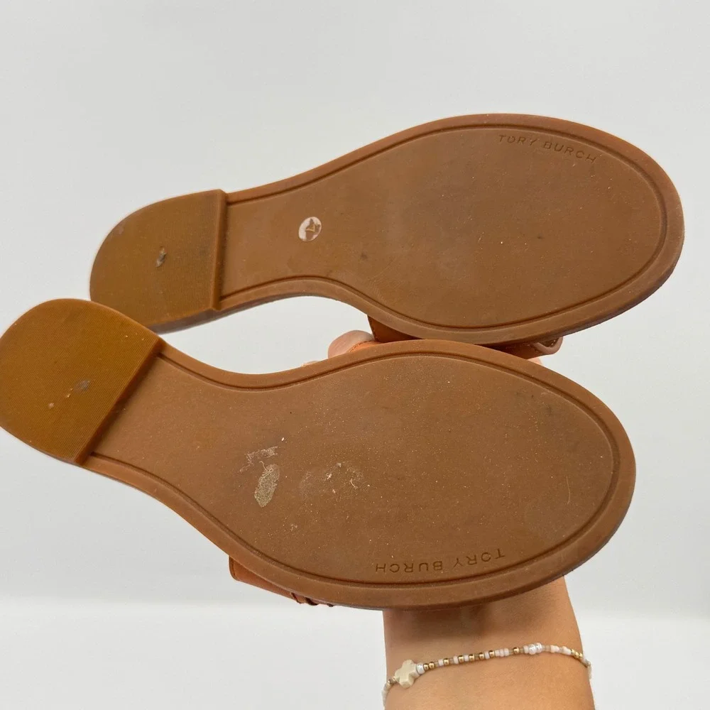 Tory Burch Everly Slide Sandals Womens 7M Tan Leather Gold Logo Flat Summer Chic